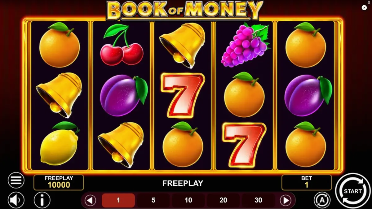 Tampilan visual slot Book of Money dengan simbol buah dan buku